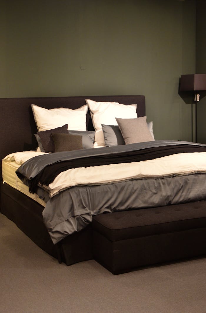 Contemporary bedroom interior with bed and assorted pillows near crumpled cover in light house